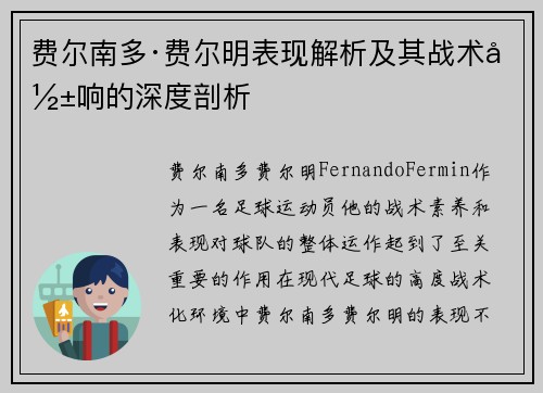 费尔南多·费尔明表现解析及其战术影响的深度剖析