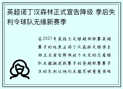英超诺丁汉森林正式宣告降级 季后失利令球队无缘新赛季 英超诺丁汉森林正式宣告降级 季后失利令球队无缘新赛季
