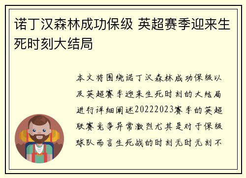 诺丁汉森林成功保级 英超赛季迎来生死时刻大结局 诺丁汉森林成功保级 英超赛季迎来生死时刻大结局